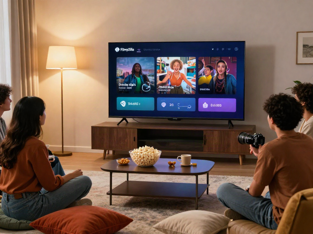 Friends enjoying FilmyZilla movies in a cozy living room