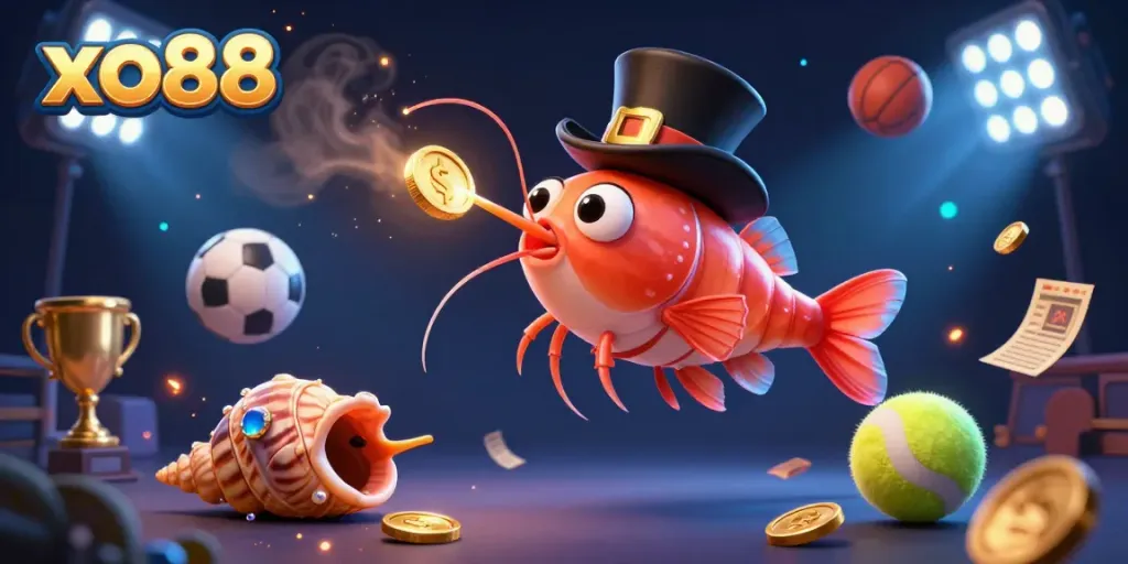 Experience the thrill of winning at xo88 with a vibrant 3D illustration of an anglerfish attracting gold coins amidst sports elements.