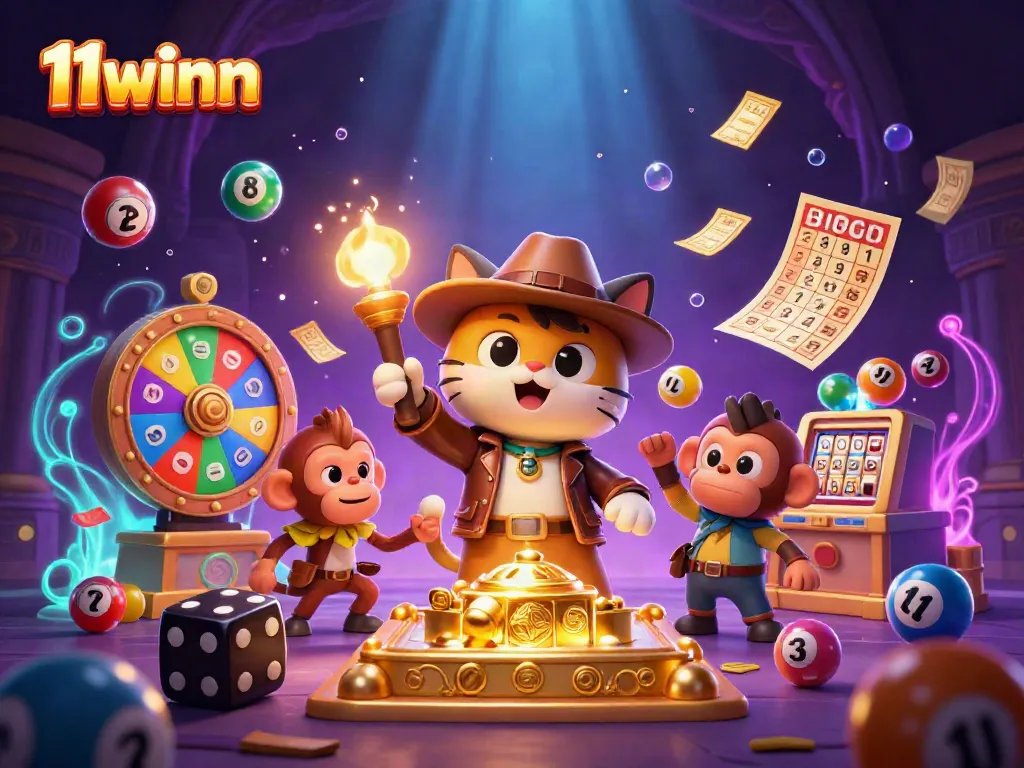 Engage in exciting discoveries at 11winn with a dynamic scene of a cat archaeologist revealing a golden casino artifact.