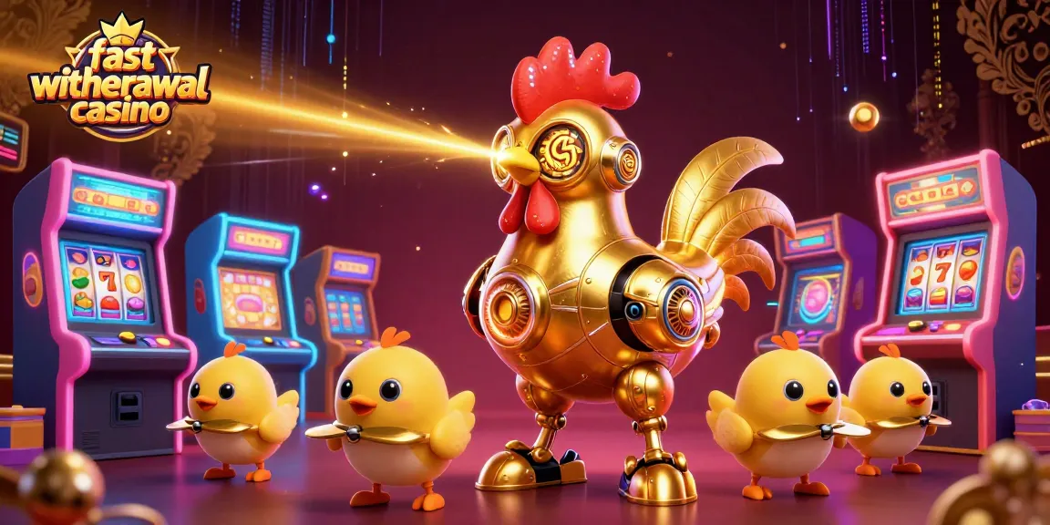Experience the excitement of a fast withdrawal casino with our golden rooster robot hero amidst dazzling gaming elements.