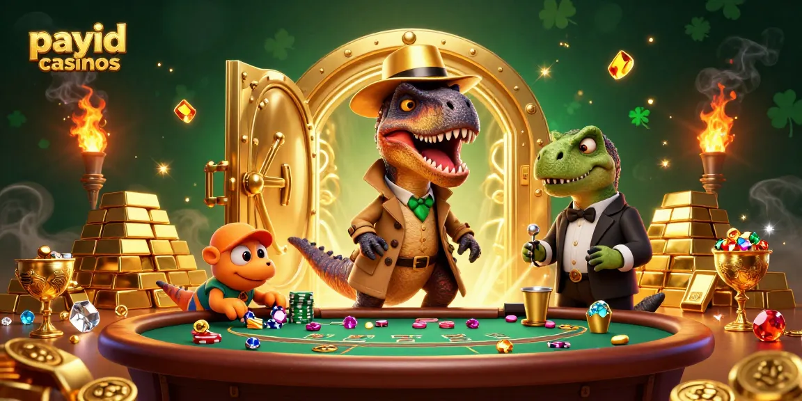 Experience excitement at payid casinos with a velociraptor card counter and golden treasures.