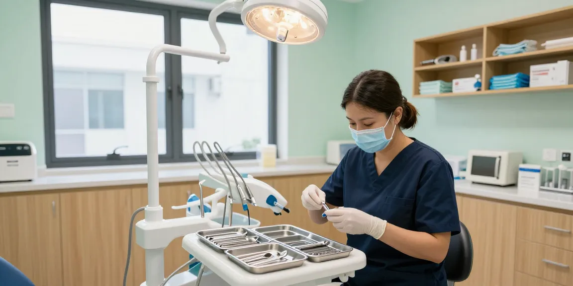 Dental medical supplies arranged at a modern dental clinic workstation for patient care.