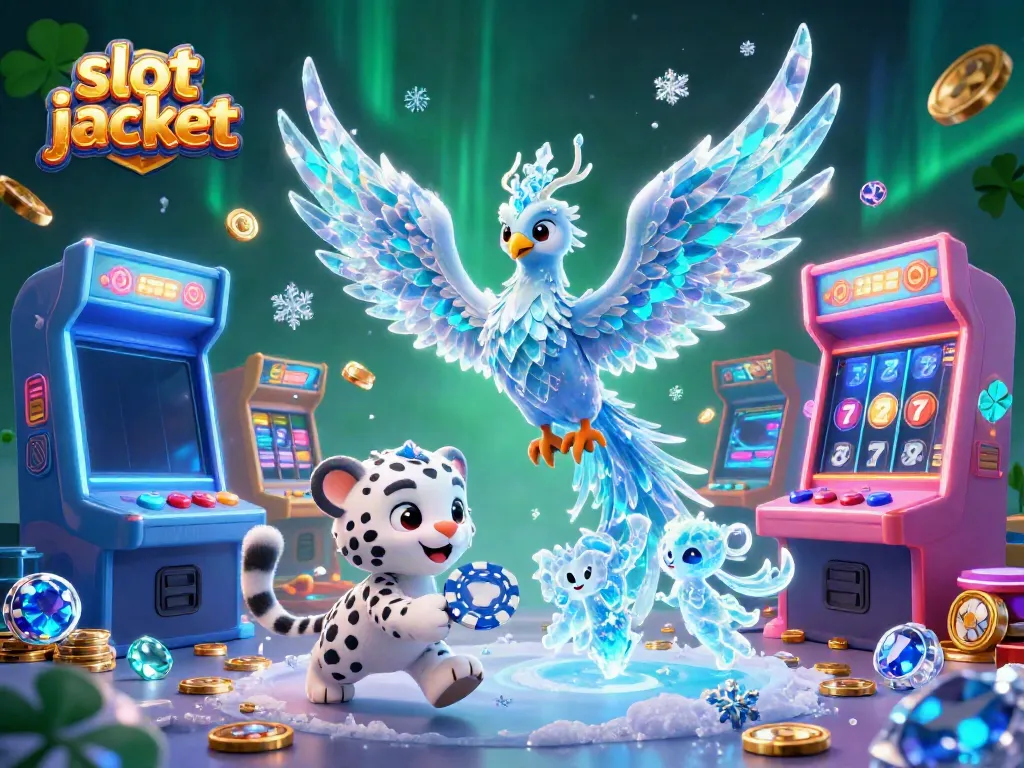 Experience the thrilling slot jackpot with a vibrant scene featuring an ice phoenix, snow leopard cub, and arcade gaming elements.