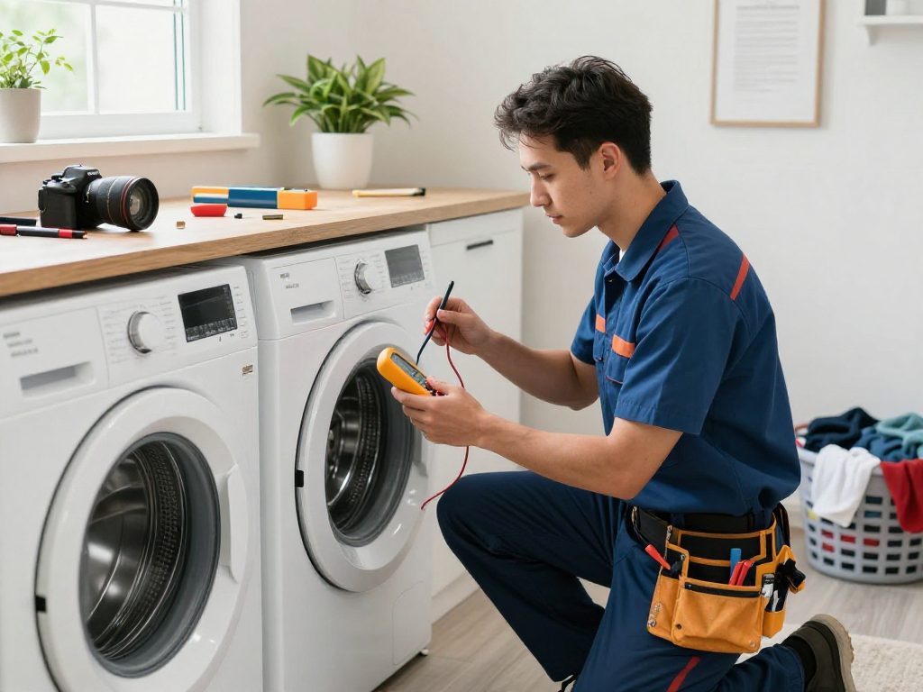 Dryer repair Newmarket service technician inspecting a modern dryer in a cozy laundry room.