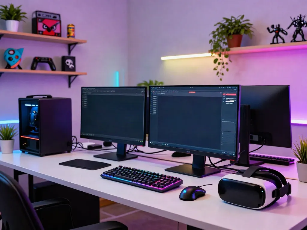 GGSOFT gaming setup with multiple monitors showcasing Bounce Ball Slot Game and vibrant gaming accessories.