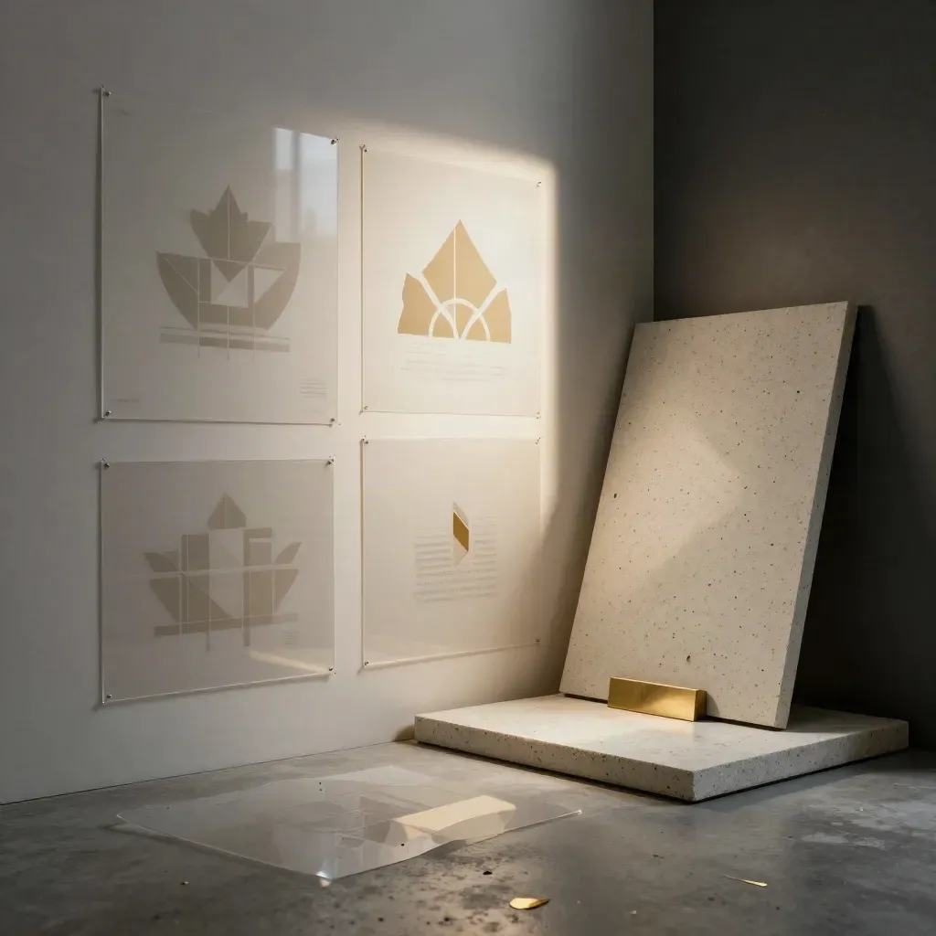 Logo proof wall with acetate overlays, vinyl marks, and a leaning board in dramatic studio light.