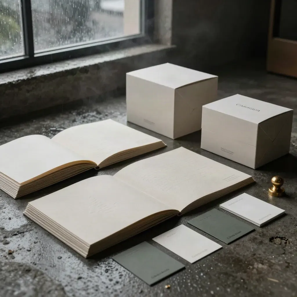 Rain-hazed Canadian branding studio with paper swatches, presentation boards and launch boxes