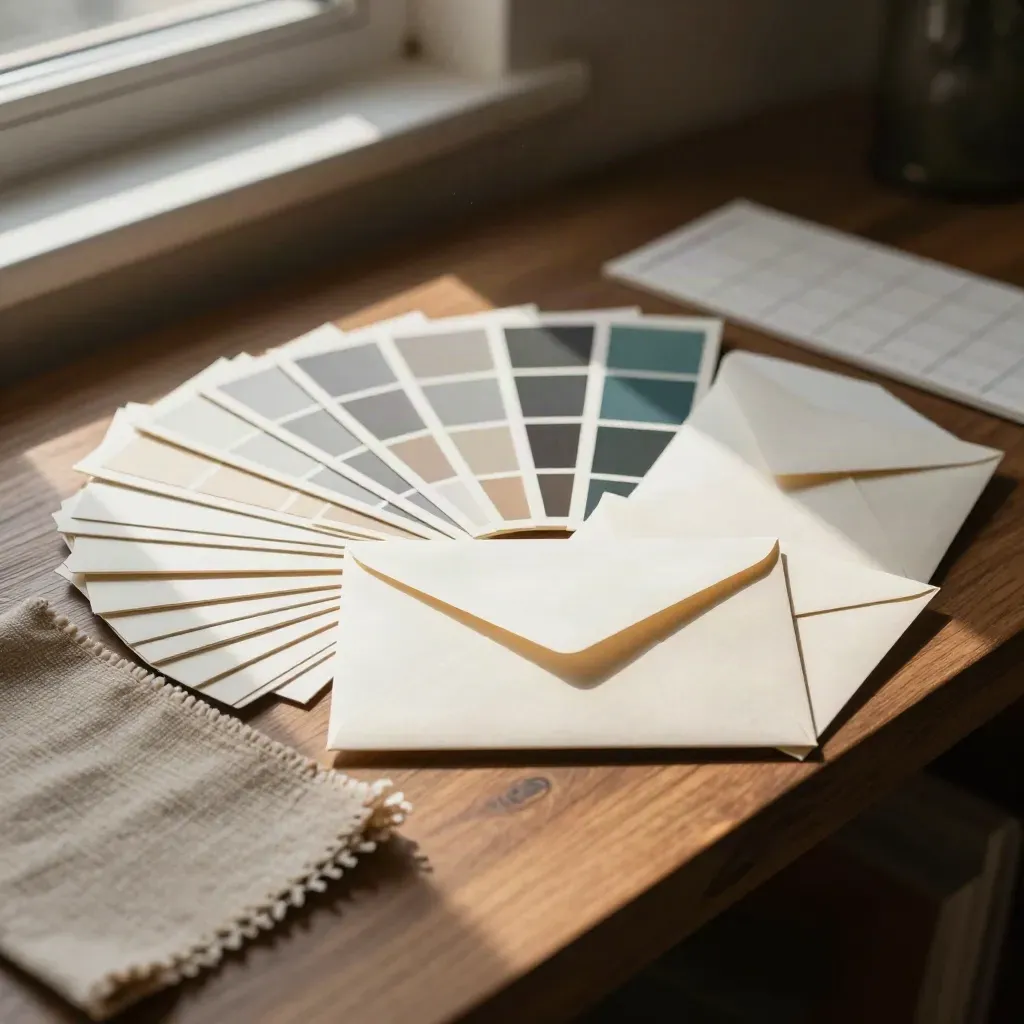 Identity system materials fanned on a walnut shelf with muted teal accents and soft afternoon light.