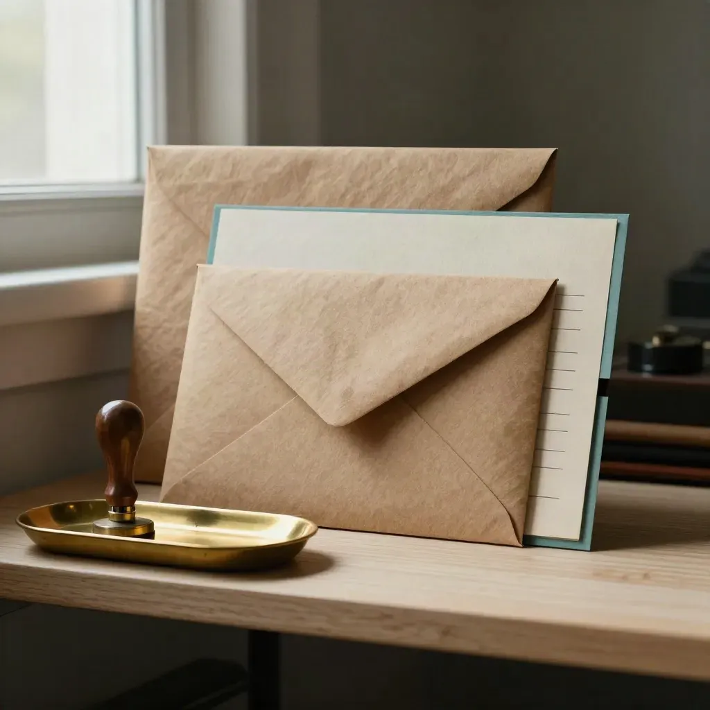 Kraft naming envelopes, clipped slips, brass tray and stamp on oak shelf with teal accent.