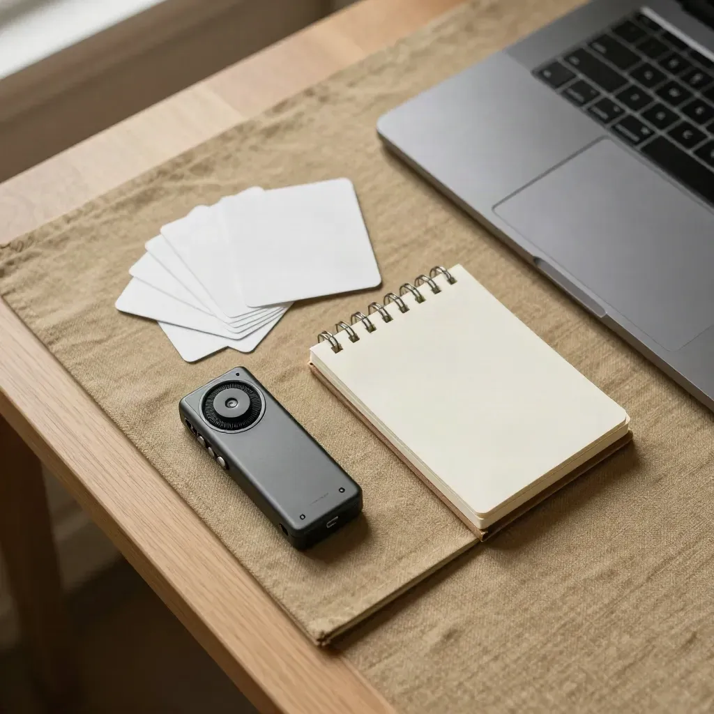 Overhead copy-planning flatlay with recorder, notebook spine, blank cards, and closed laptop.