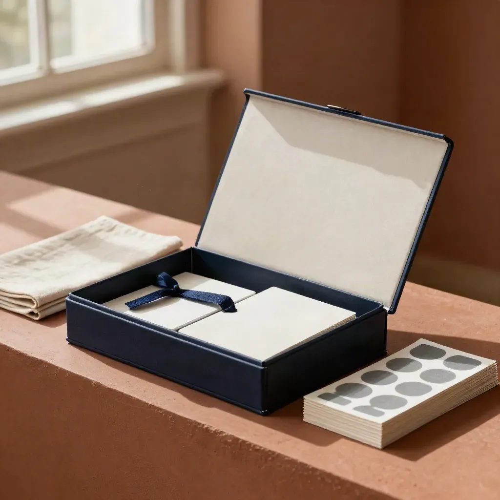 Launch kit in a matte box with templates, folders, stickers, and ribbon ties on a sunlit studio ledge.