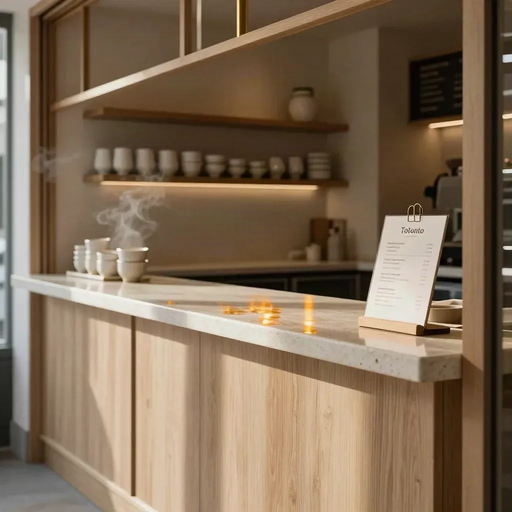 Empty Toronto cafe counter with oak shelving, ceramic cups, and warm evening glow