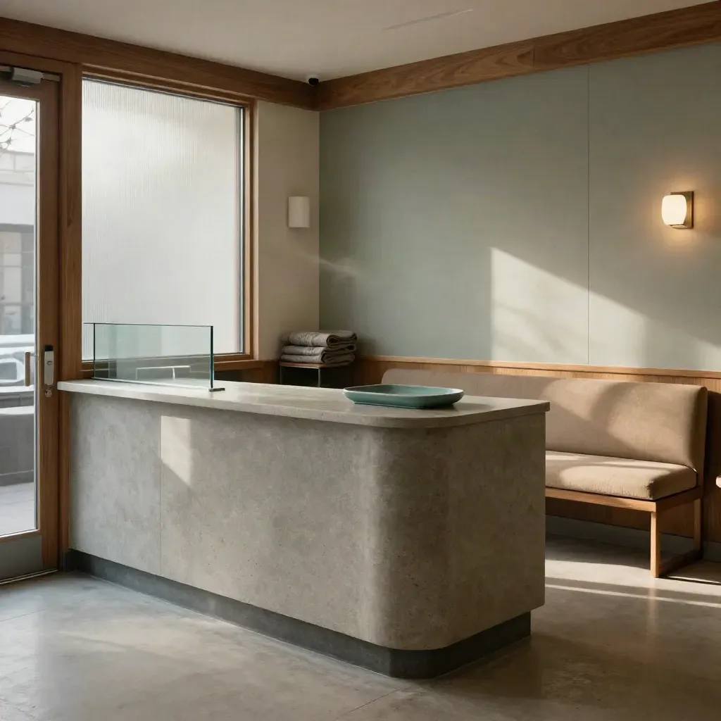 Ottawa clinic reception with stone counter, frosted glass, linen rolls and a quiet waiting bench.
