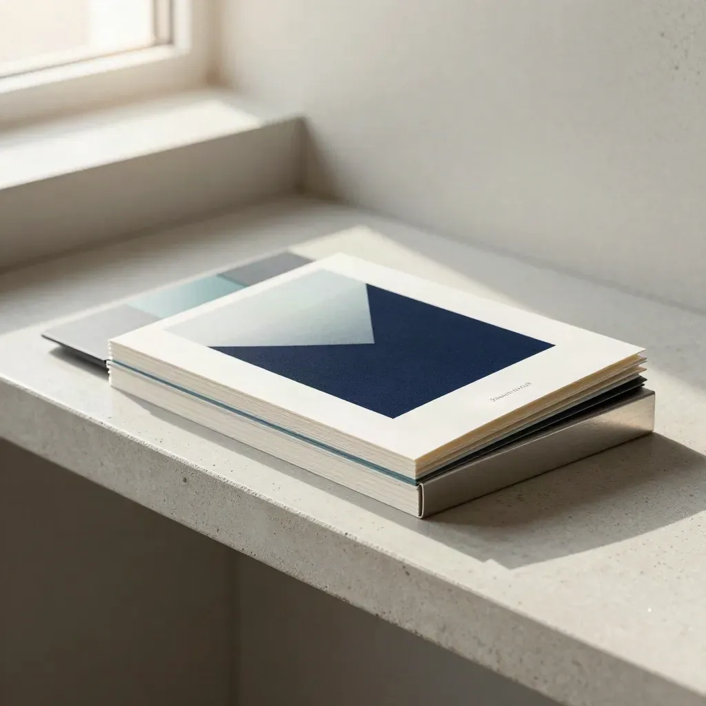Macro launch display with navy geometric mark on concrete shelf system
