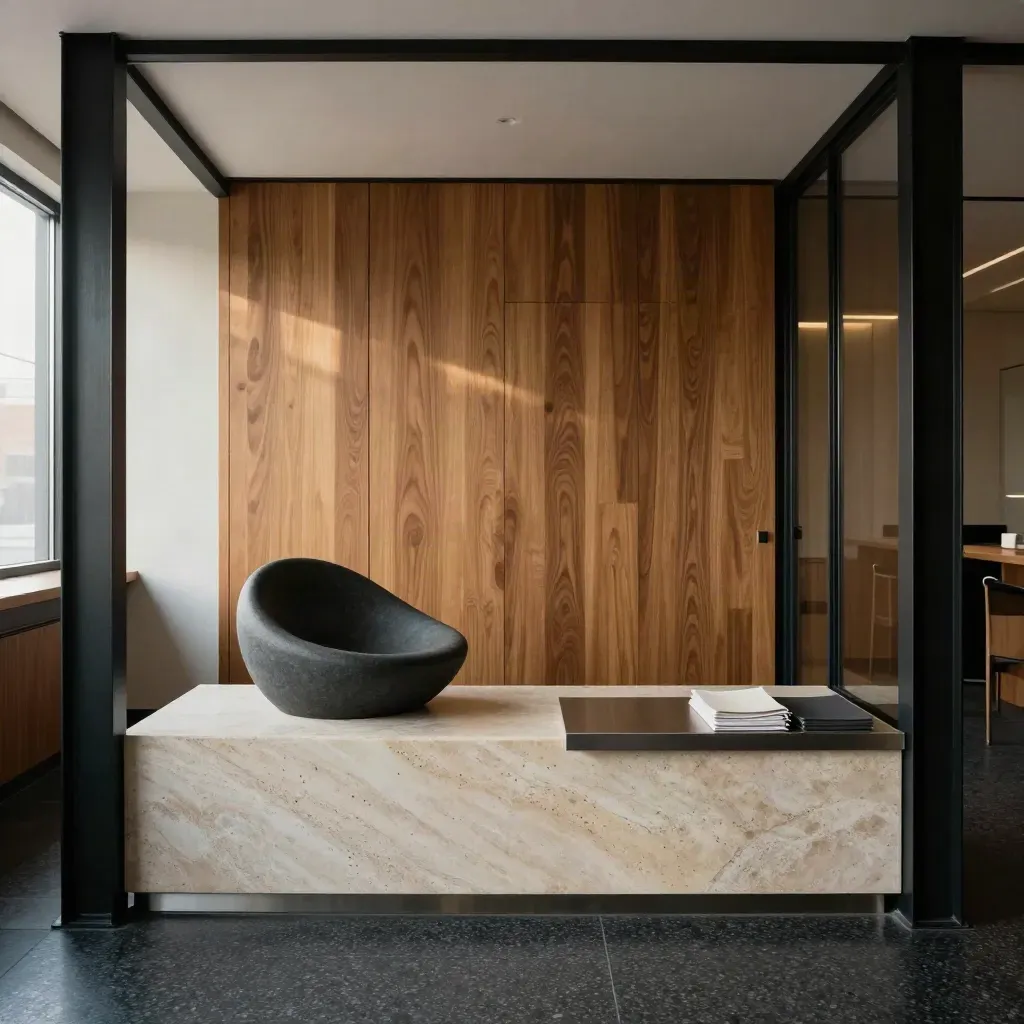 Moody Calgary consultancy lobby with steel, oak slats, sculptural chair and stone plinth.