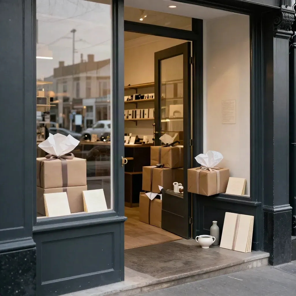Empty Halifax shop doorway with launch boxes, tissue and ceramic display pieces glowing in salt air.