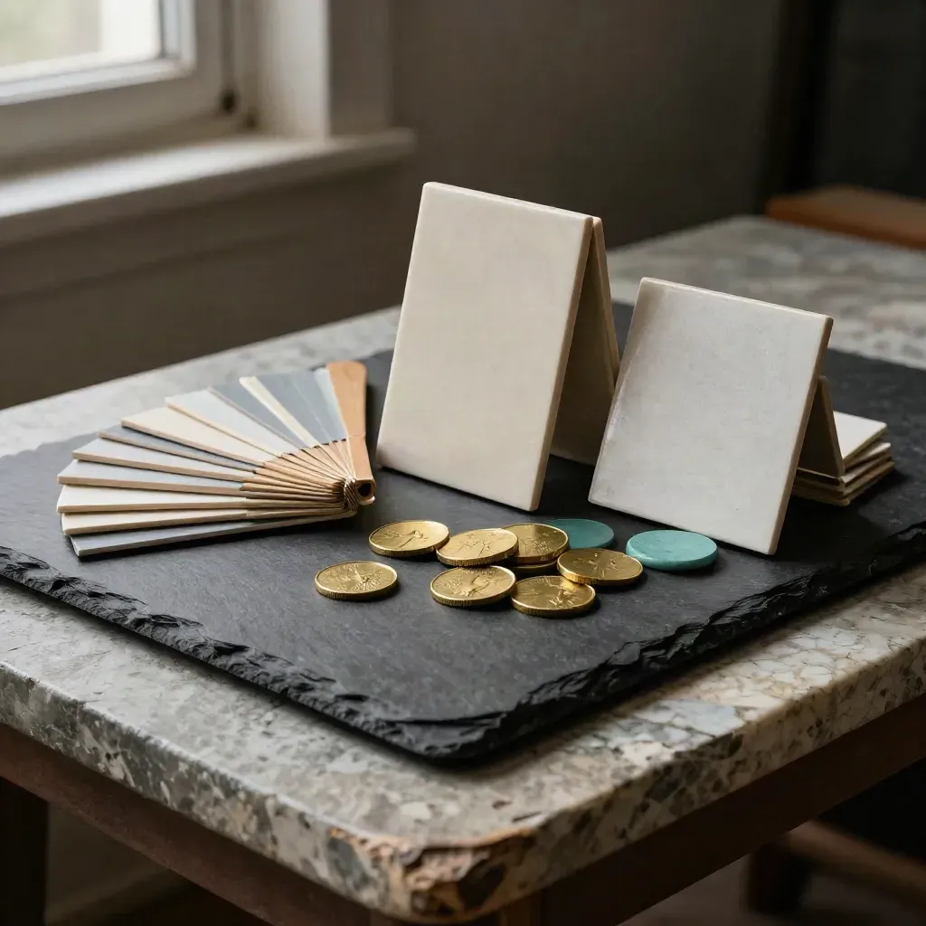Top-down brand-strategy tools on slate with brass tokens and teal color chips.