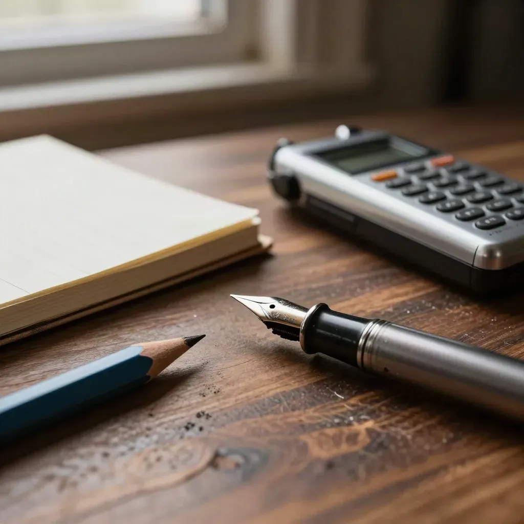 Fountain pen nib, blue pencil, notebook spine and dictaphone on walnut wood.