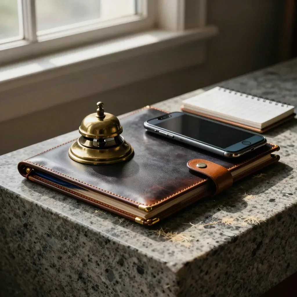 Leather folio, brass bell, phone and calendar block on stone in dramatic still life.
