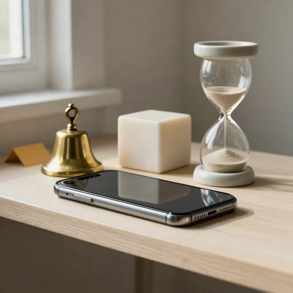 Face-down smartphone, brass bell, calendar cube and hourglass on pale wood