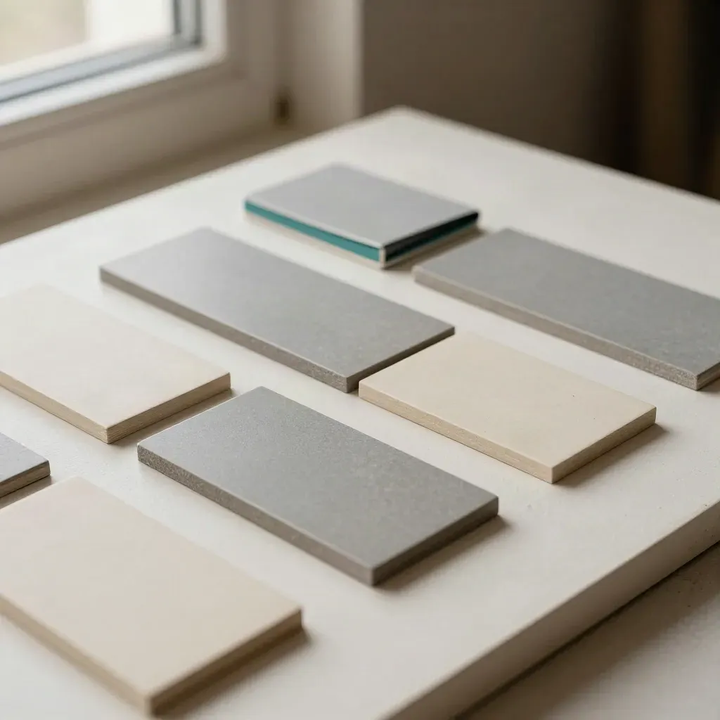 Brand map board with magnetic tiles and colour chips on a plaster sweep, shot diagonally.