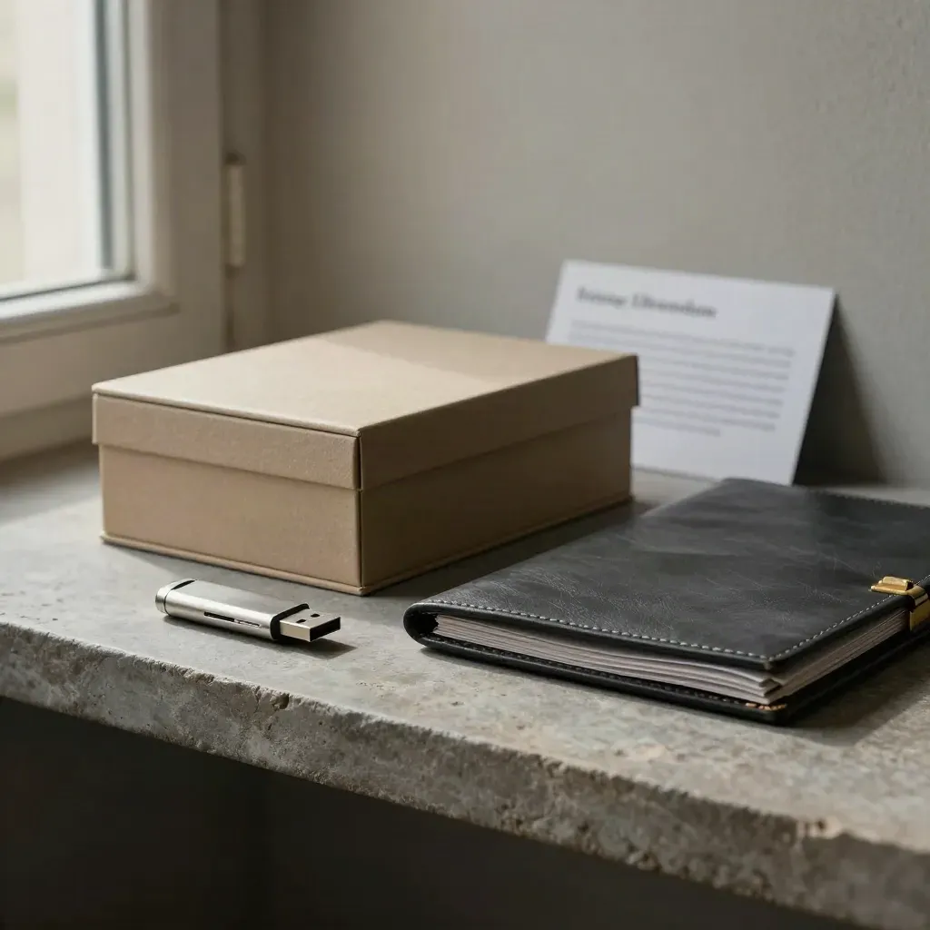 Brushed USB drive, archival box and file case on a stone shelf with soft gold accents