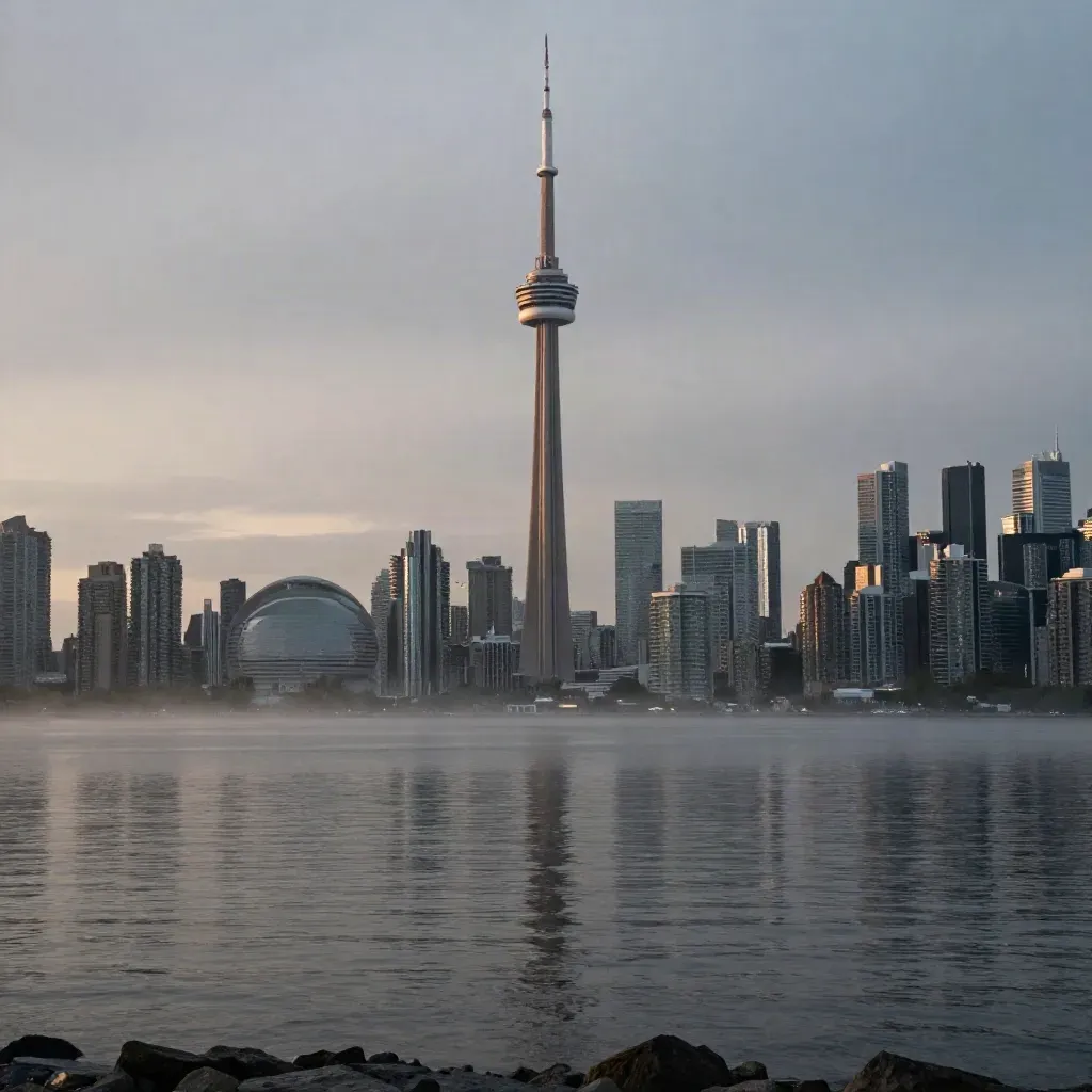 Toronto skyline at blue hour with CN Tower above calm rain-dark water
