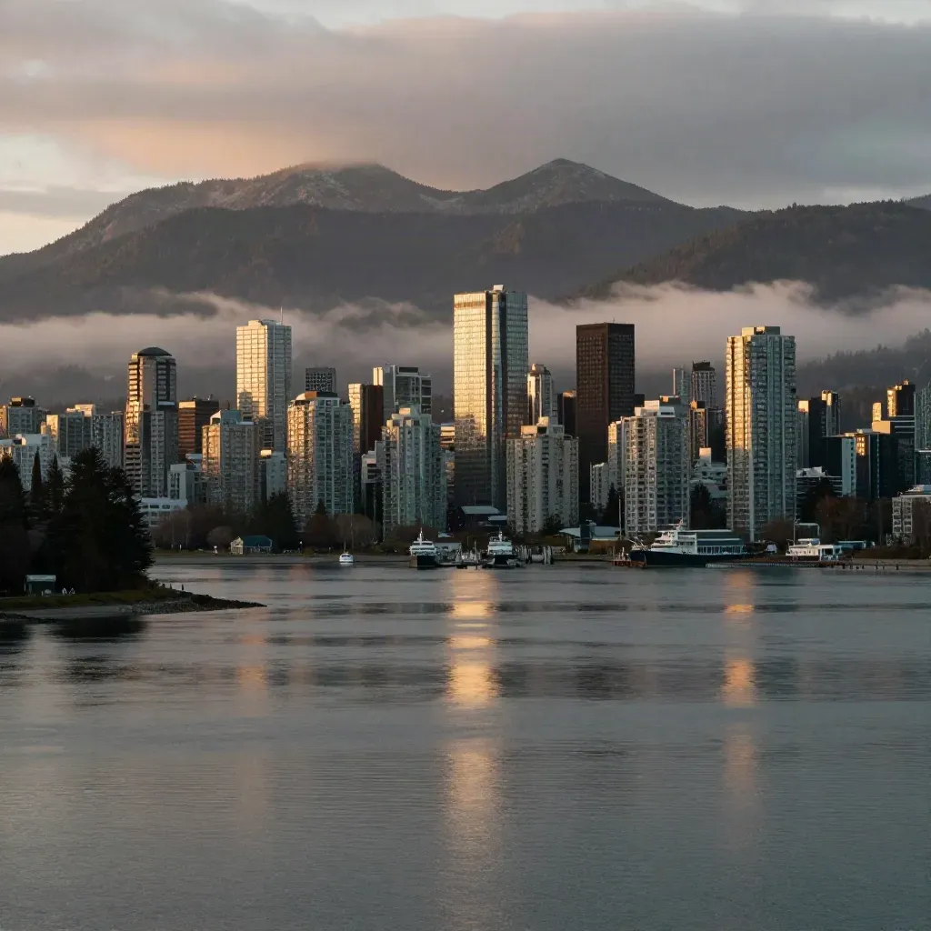 Lower Mainland skyline over misty water with coastal mountains at golden hour