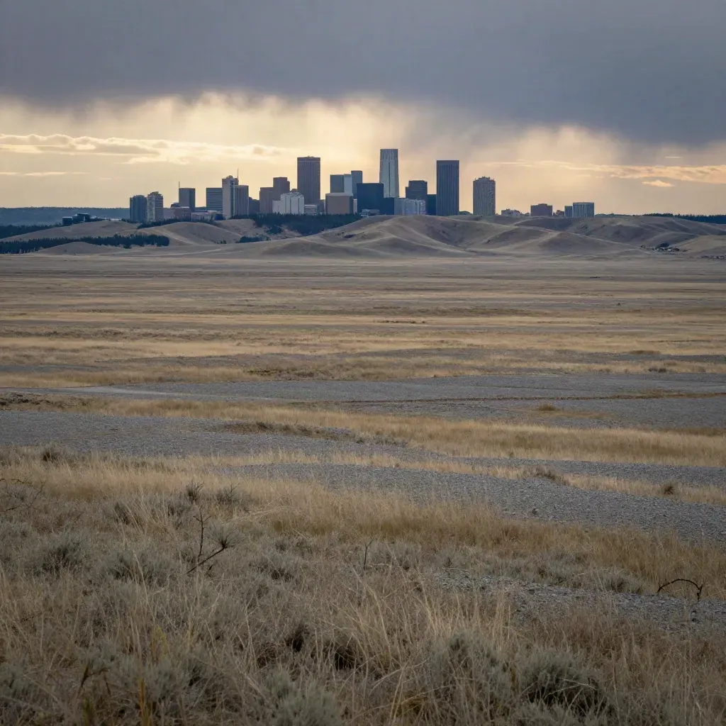 Calgary skyline high over open prairie after rain, foothills glowing in storm light.
