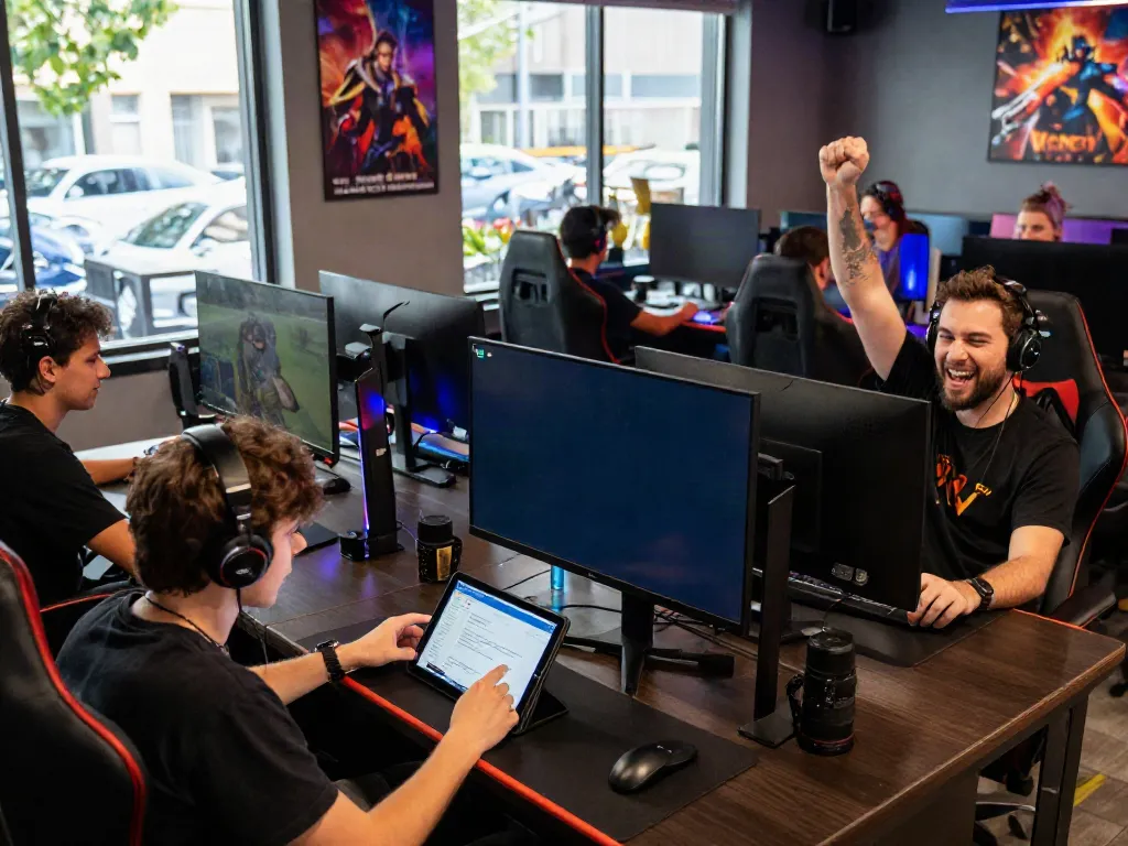 Engaging gaming scene at https://nbet.group/ with players celebrating and analyzing stats in a vibrant lounge.