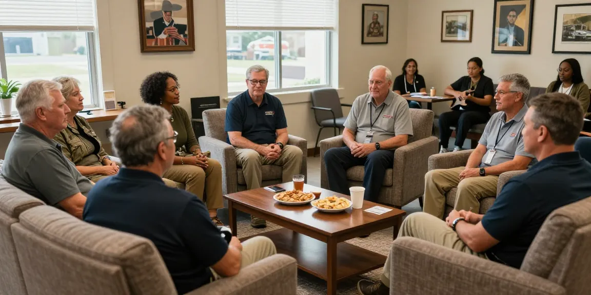 Peer support for veterans during a community gathering sharing experiences and stories.