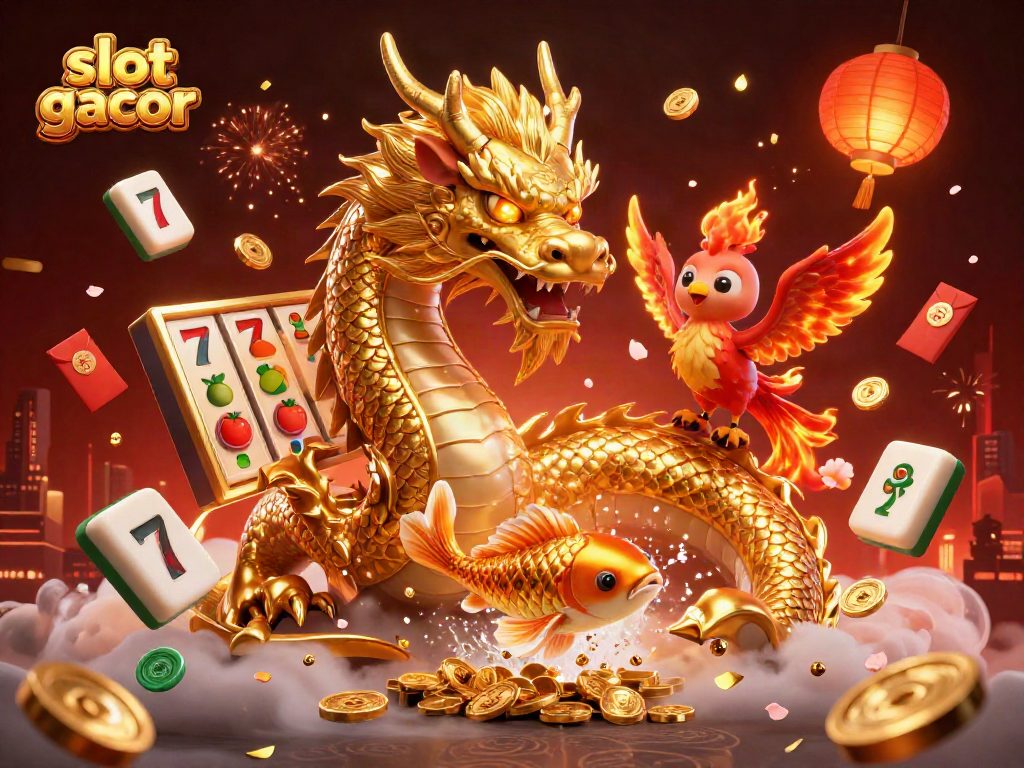 Engage with slot gacor through an immersive illustration featuring a dragon, phoenix, and koi fish surrounded by gaming elements.
