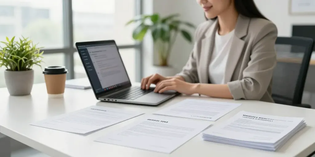 Office scene showing apostille services in Toronto Canada with documents and laptop.