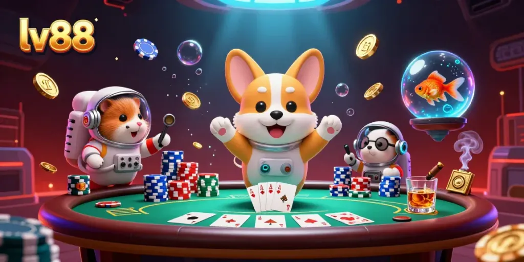 Experience the thrills of online gambling with lv88, where a cartoon astronaut corgi ventures through a space casino filled with poker chips.