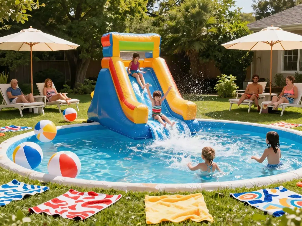 Excited children playing on a colorful slide water slide into a pool, enjoying summer fun and family time