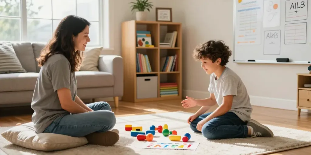 ABA services Burlington featuring a therapy session with a child and behavior analyst engaging with educational toys in a cozy room.