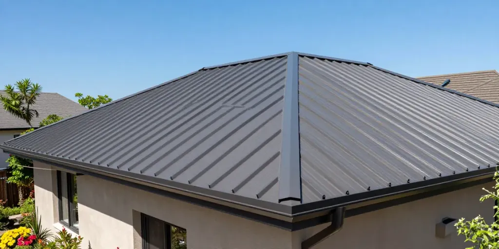 Metal Roofing Solutions depicted on a modern home with standing seam roofing reflecting sunlight and highlighting its durability.