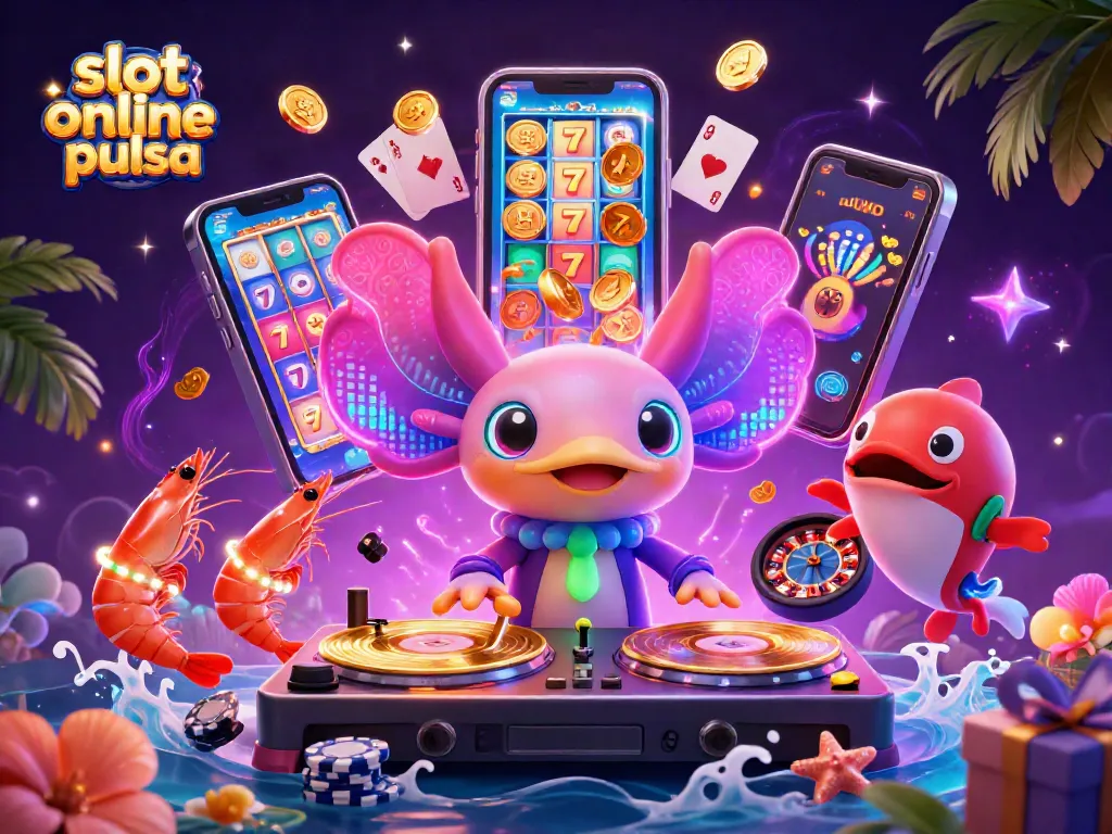 Experience exciting wins with slot online pulsa games in a vibrant 3D casino scene.