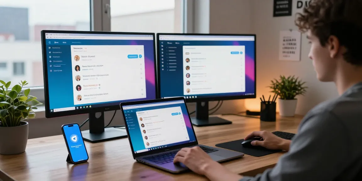 Engaging user navigating the Telegram Web Version at a modern tech workspace, showcasing productivity and digital communication.