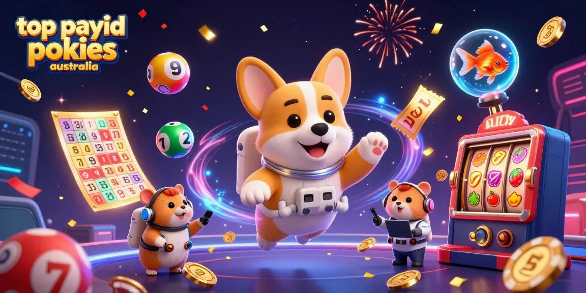 Experience top payid pokies australia with vibrant gaming elements and a floating astronaut corgi in this lively illustration.
